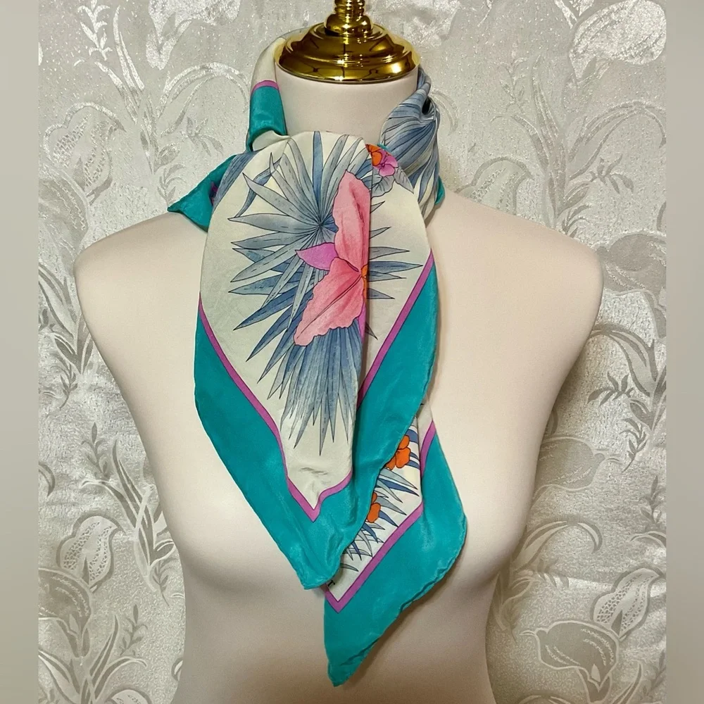 Christian Dior Vintage Silk Turquoise Floral Scarf